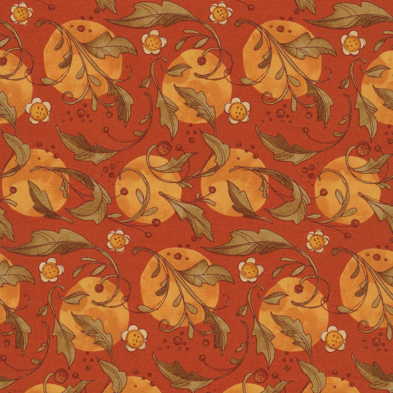 Deep orange fabric with light orange circles, brown leaves, and little daisies swirling across it
