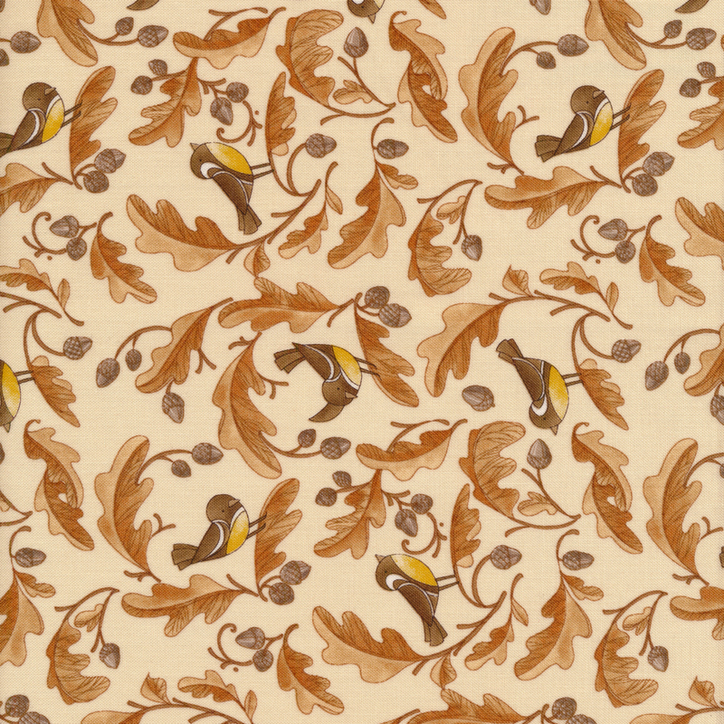 Tan fabric with brown leaves and small black and yellow birds on it