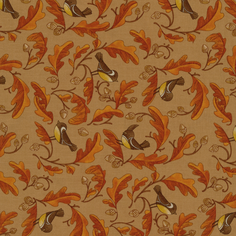 Light brown fabric with orange leaves and small black and yellow birds on it