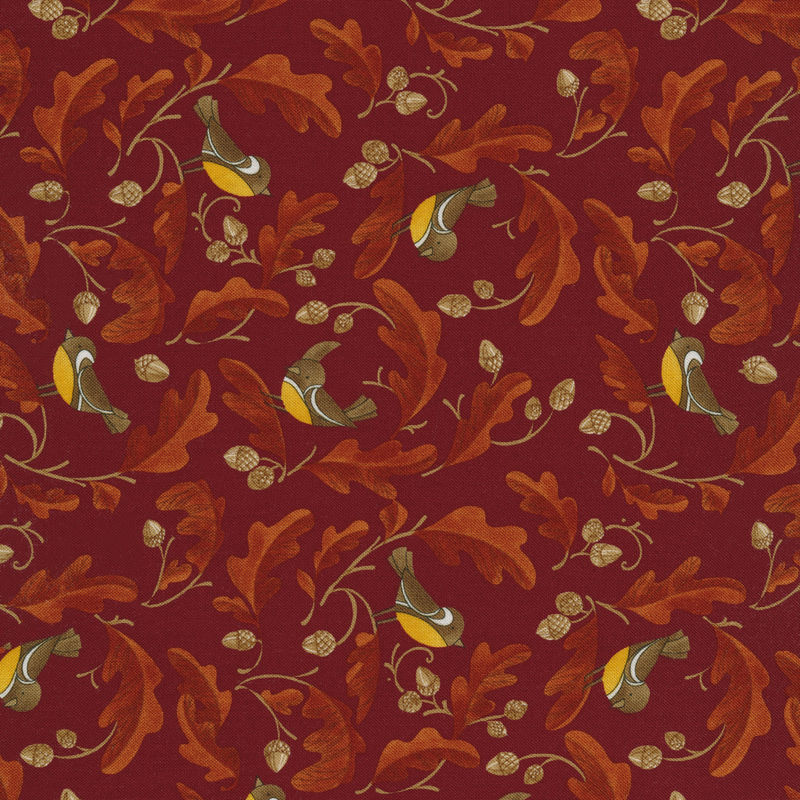 Bright fuchsia with orange leaves, acorns, and small black and yellow birds on it