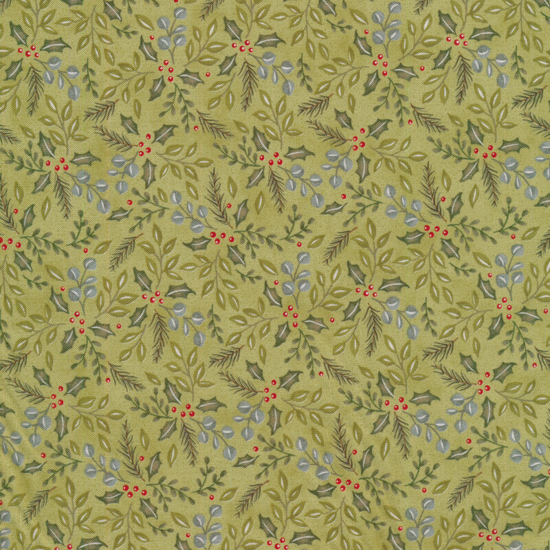 fabric with foliage pattern with vines and holly on a light green background
