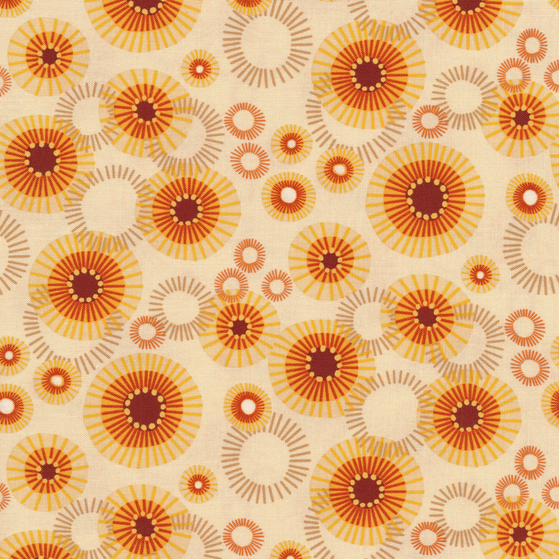 Cream fabric with abstract orange and yellow circles of varying sizes