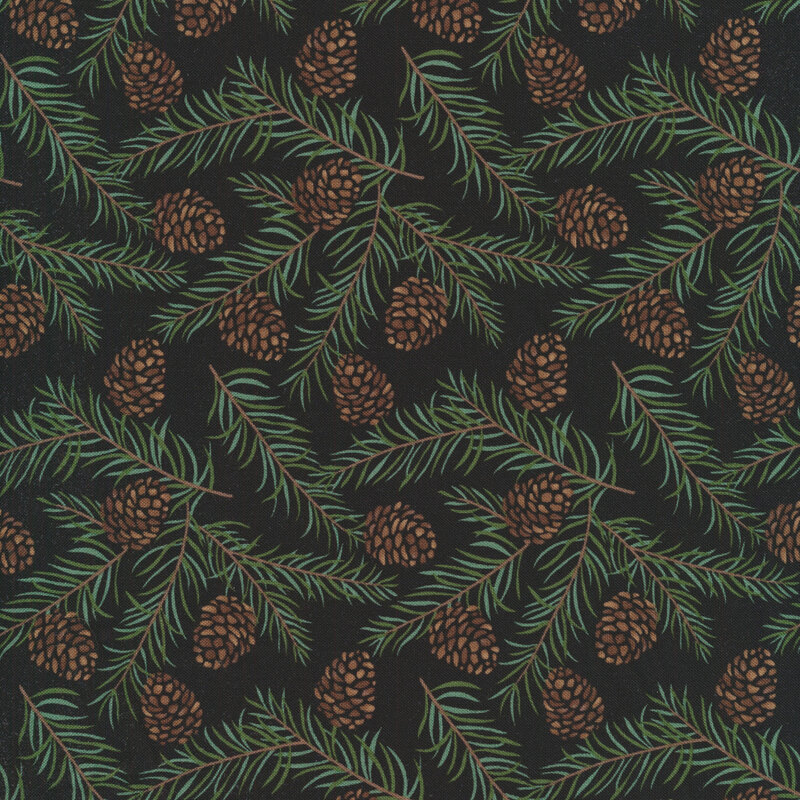 tossed fabric with pine sprigs with pinecones on a black background