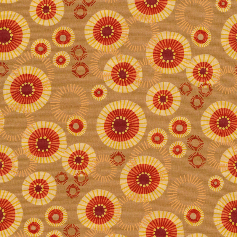 Tan fabric with abstract red and yellow circles of varying sizes