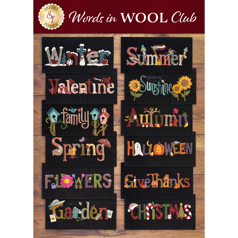  A brown paneled surface with 12 table mats layered atop of one another for each month of the year. The words 