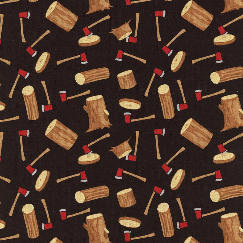 fabric featuring logs, wood rounds, and axes tossed on a solid black background