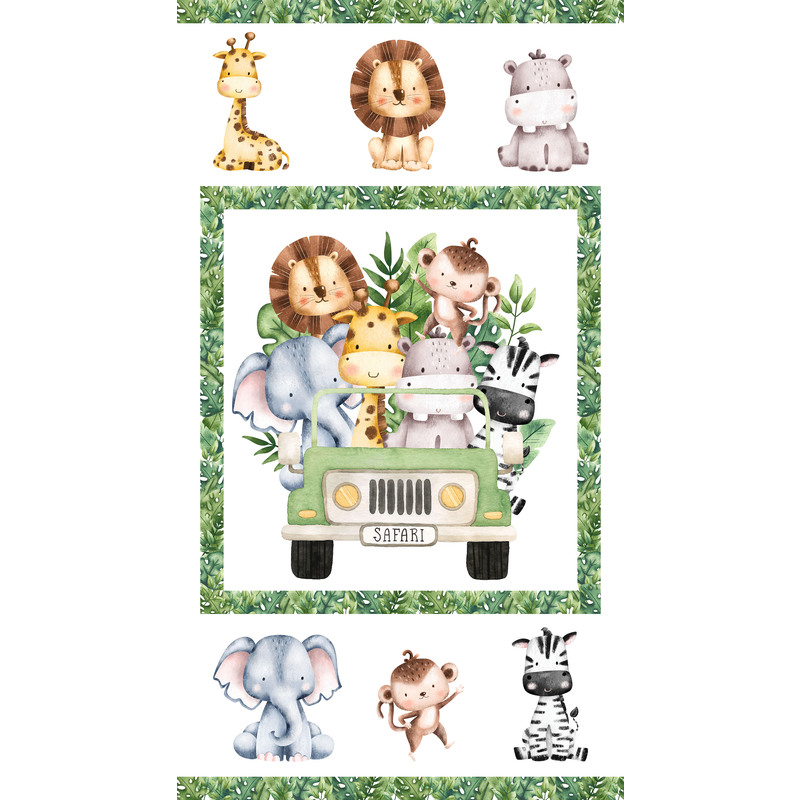 digital image of fabric panel with wild animals on a truck and smaller animal squares above and below