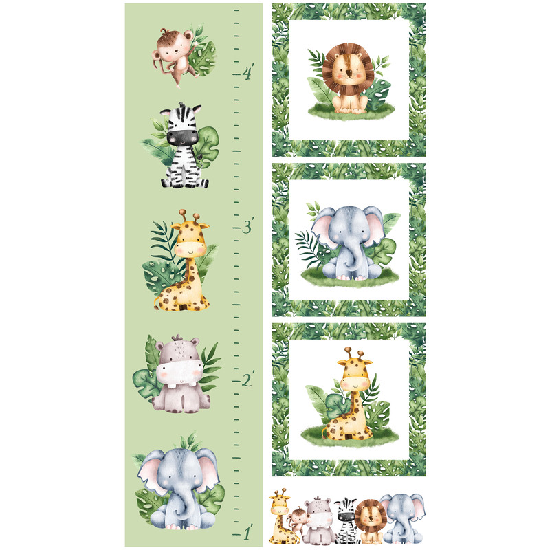 digital image of fabric panel with safari animal squares and a growth chart measurement stick 
