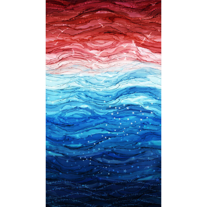 fabric featuring wavy patterns in red, white, and blue, including lyrics to the star-spangled banner