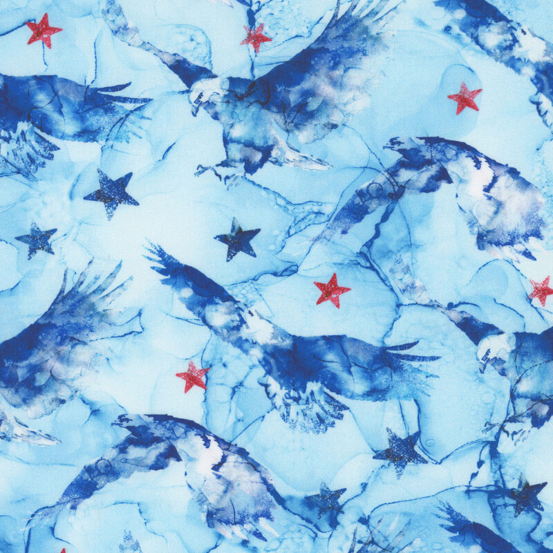 light blue fabric with faint darker blue eagles and scattered blue and red stars