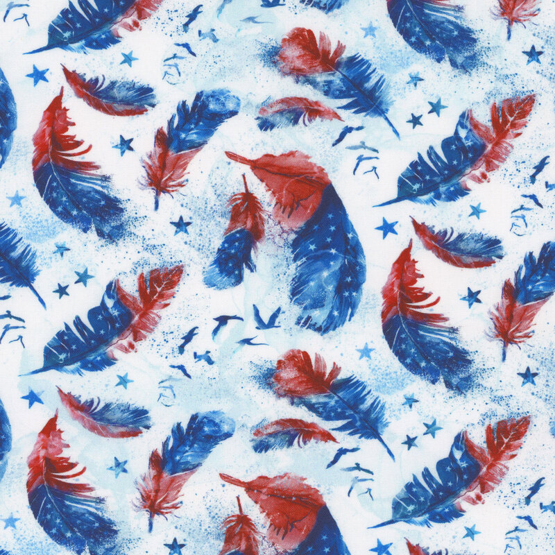 White fabric with red and blue feathers, small flocks of birds, and blue stars