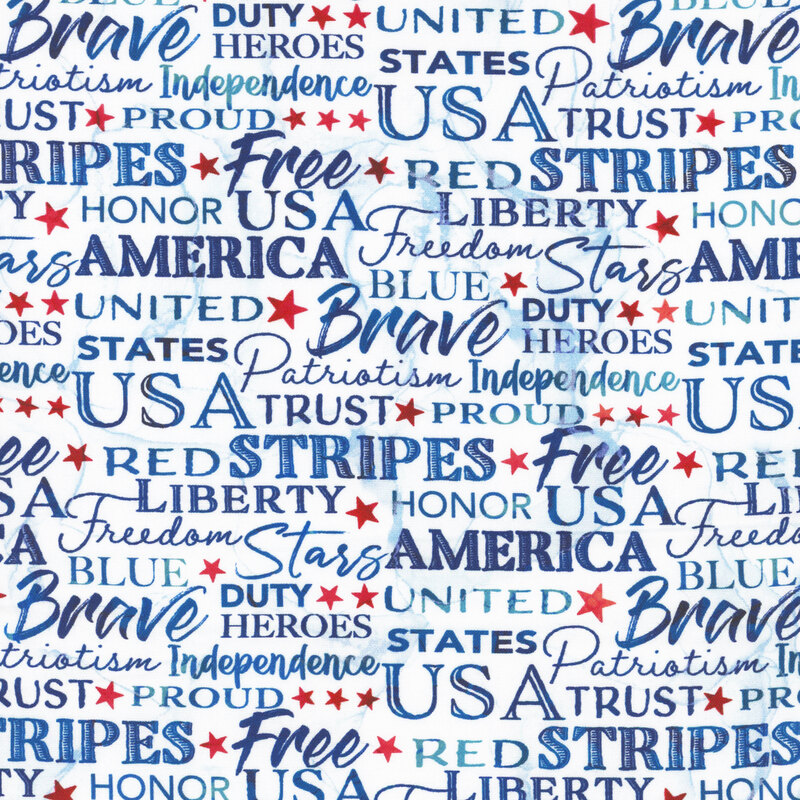 white fabric covered in blue patriotic phrases and red stars