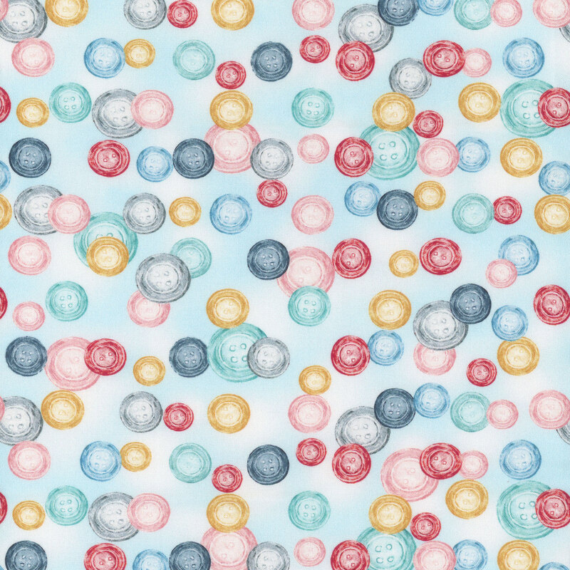 Pale blue mottled fabric with multicolored buttons dispersed unevenly all over