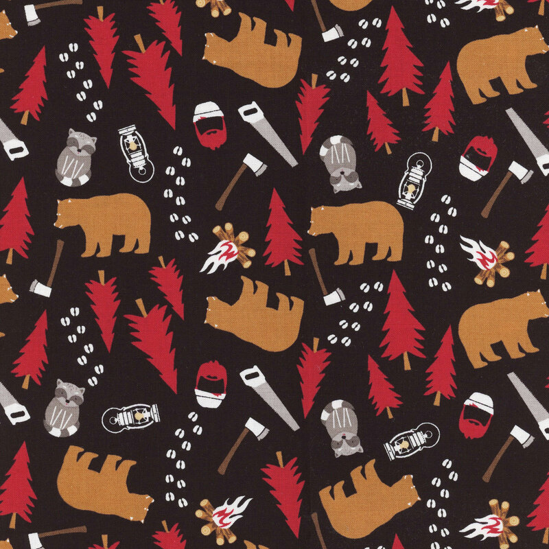 fabric featuring bears trees and various woodsy objects in cream, red, and brown tossed on a solid charcoal background