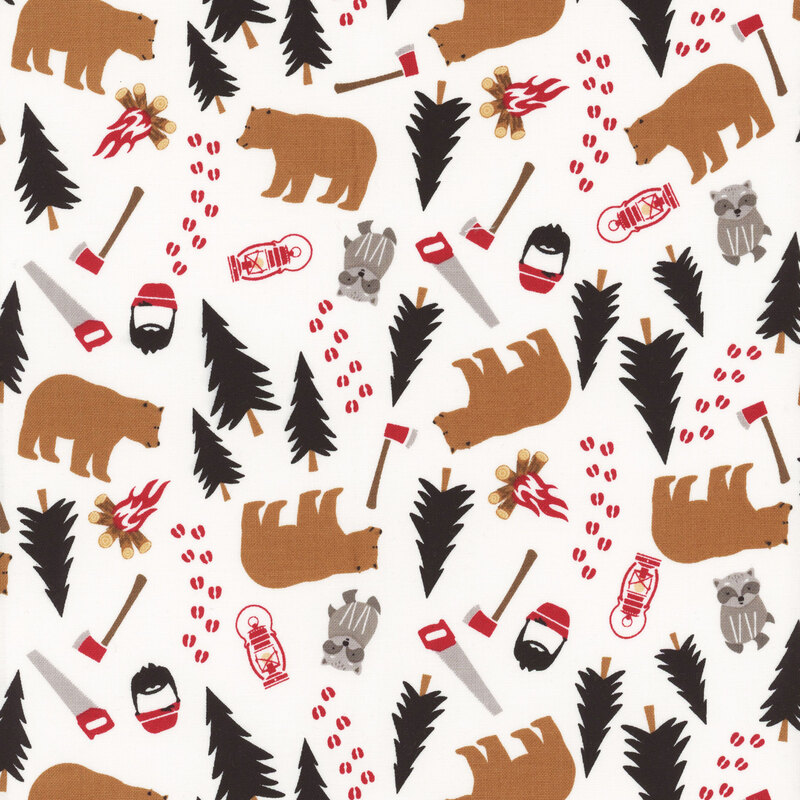 bears trees and various woodsy objects in black, red, and brown tossed on a solid cream background