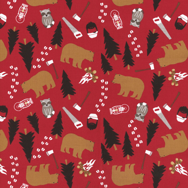 fabric featuring bears, trees, and various woodsy objects in cream, black, and brown tossed on a solid red background