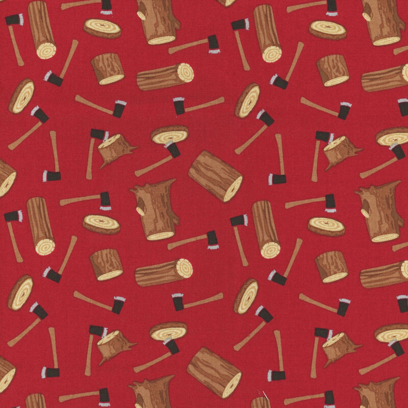 fabric featuring tossed logs and wood rounds with axes on a red background