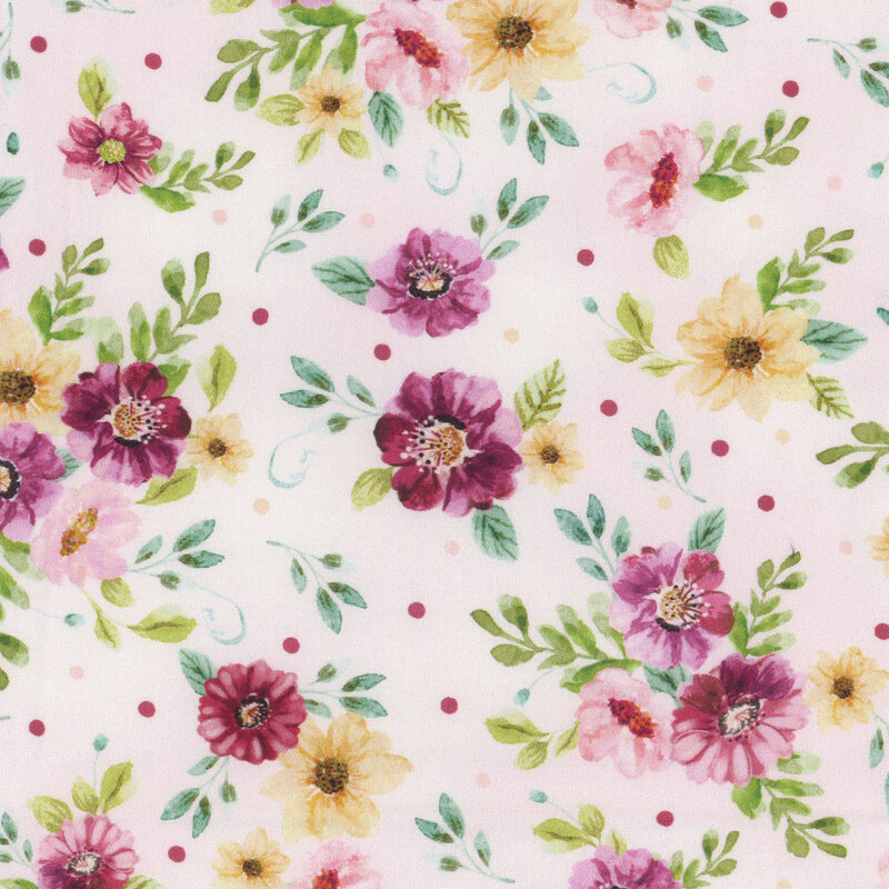 Pink mottled fabric with leafy flowers and polka dots all over
