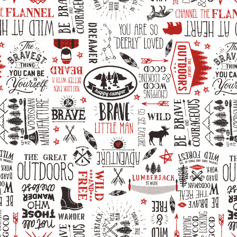 light cream fabric with woodsy sayings and images in black and red