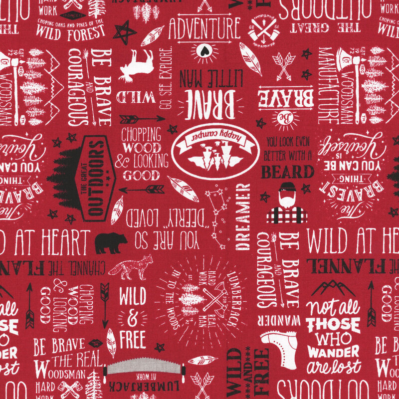 red fabric with woodsy sayings and images in black and white