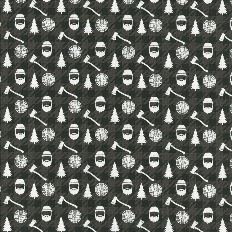 fabric featuring silhouettes of bearded men, tree rounds, pine trees, and axes on a black and dark gray gingham background