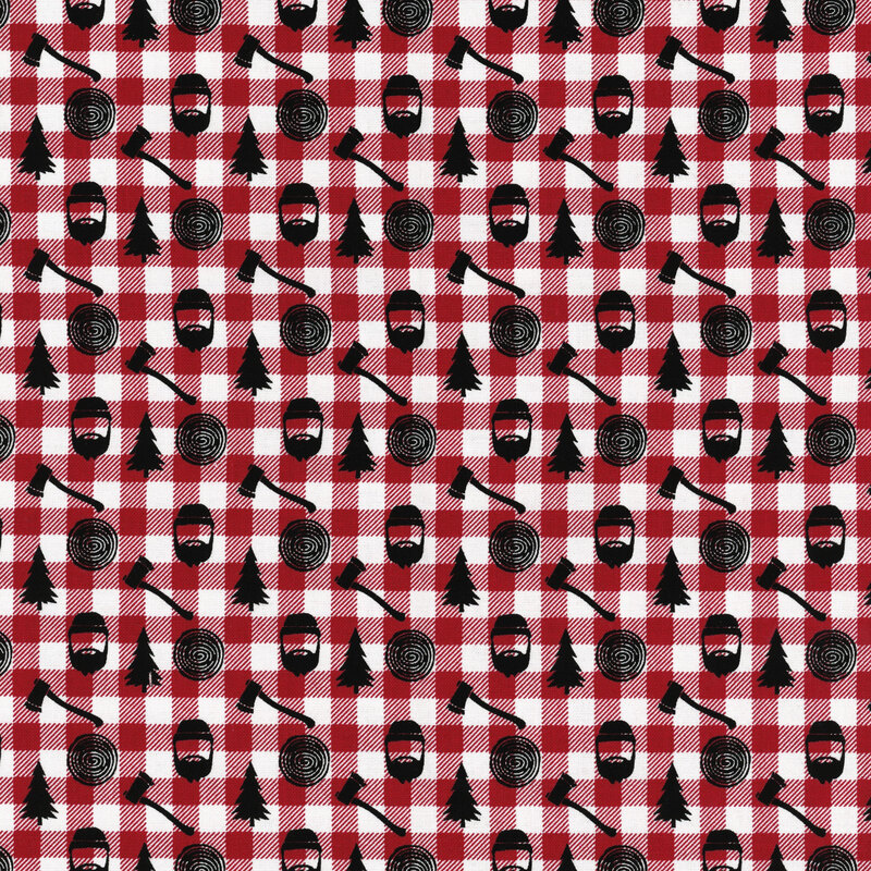 fabric featuring black silhouettes of bearded men in hats, tree rounds, pine trees, and axes on a red and white gingham background