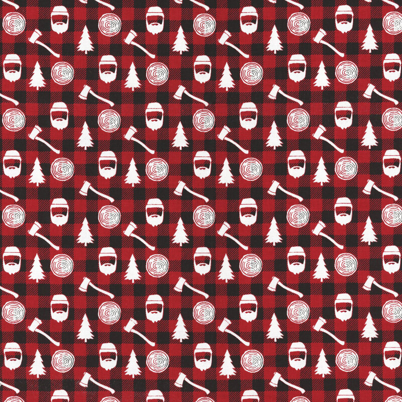 fabric featuring white silhouettes of bearded men in hats, tree rounds, trees, and axes on a black and red gingham background