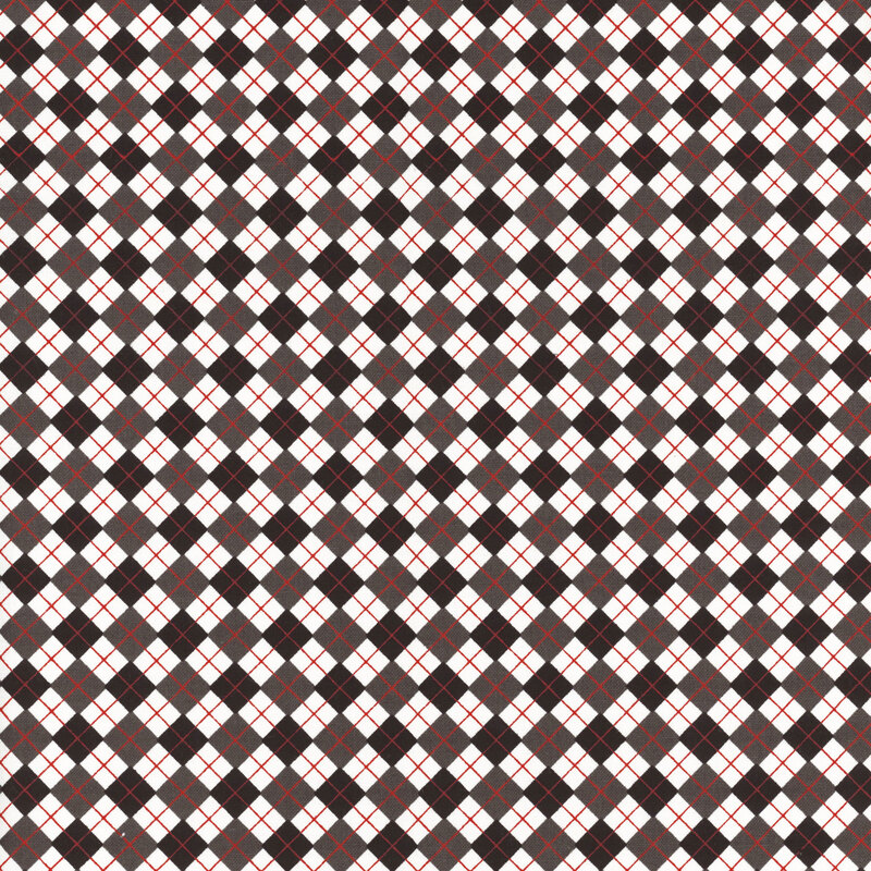 fabric featuring alternating checkerboard black, white, and gray squares with thin red lines 