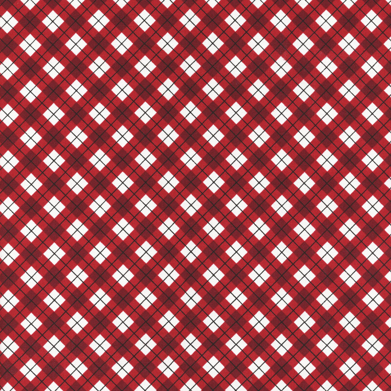fabric featuring red and white plaid with thin black accent stripes