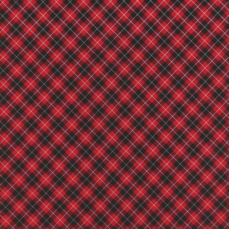 fabric featuring red and black plaid with thin white accent stripes