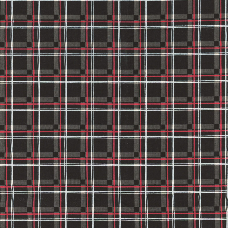 black and gray plaid fabric with thin white and red accent stripes