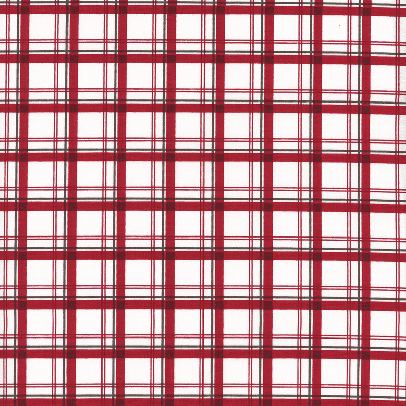 red and cream colored plaid fabric with thin red and black accent stripes