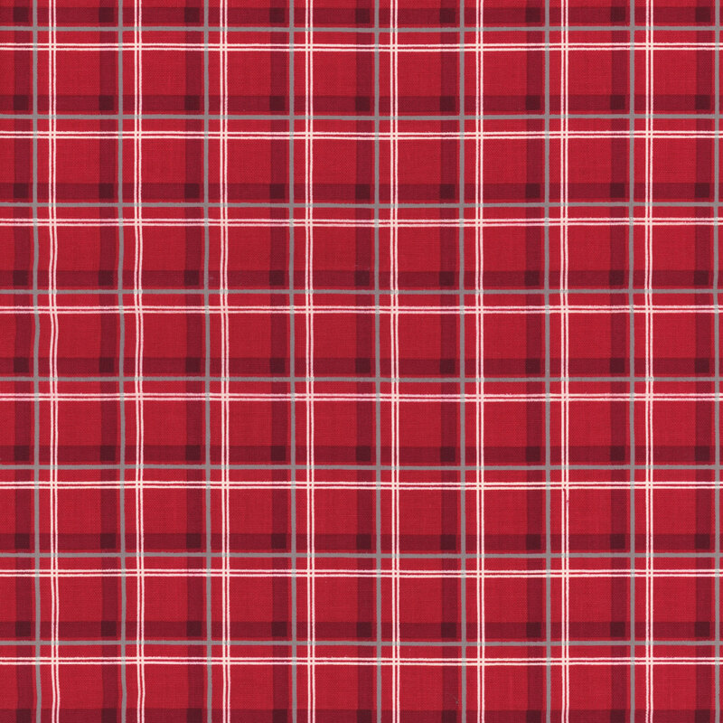 red plaid fabric with thin gray and cream accent stripes