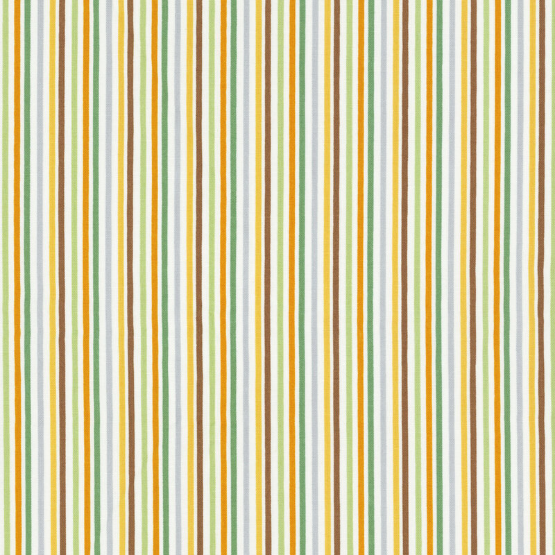 white fabric with multicolored thin stripes in green, yellow, tan, and browns
