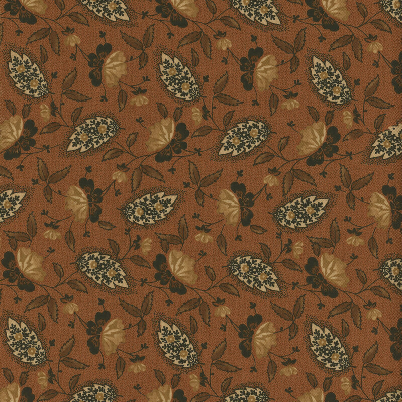 vines, orange  flowers with paisley leaves on a solid burnt orange background