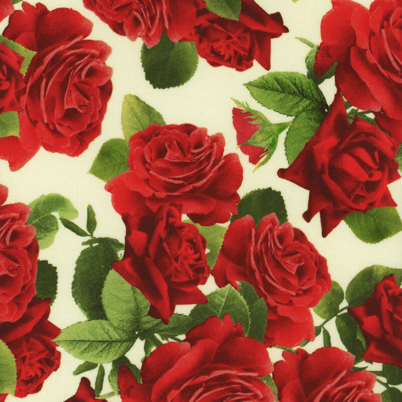fabric with digitally printed roses on a cream background
