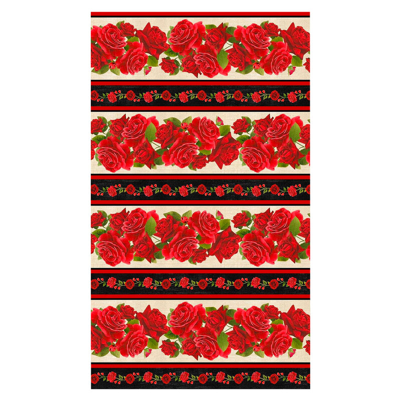 Full graphic image of a red rose border print fabric with black and cream stripes