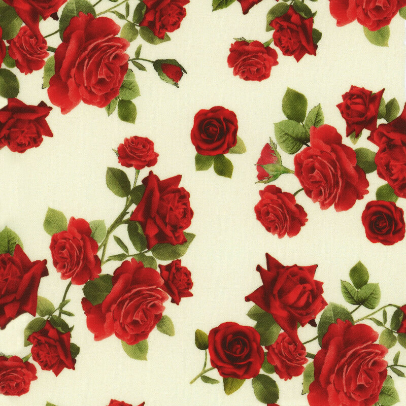 fabric with digitally printed roses on a cream background