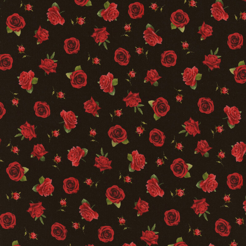 fabric with digitally printed roses on a black background