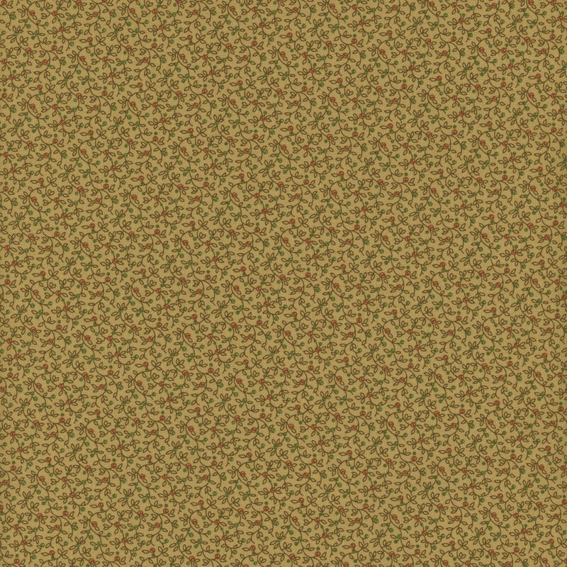 Tan fabric with small orange dots and green leaves