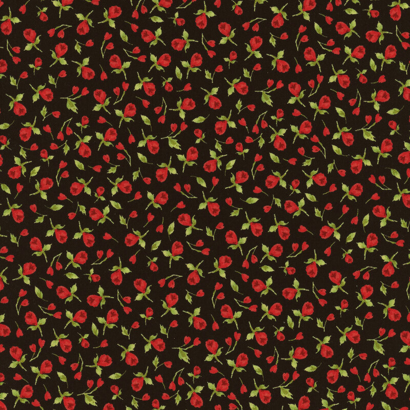 fabric with tiny digitally printed roses on a black background