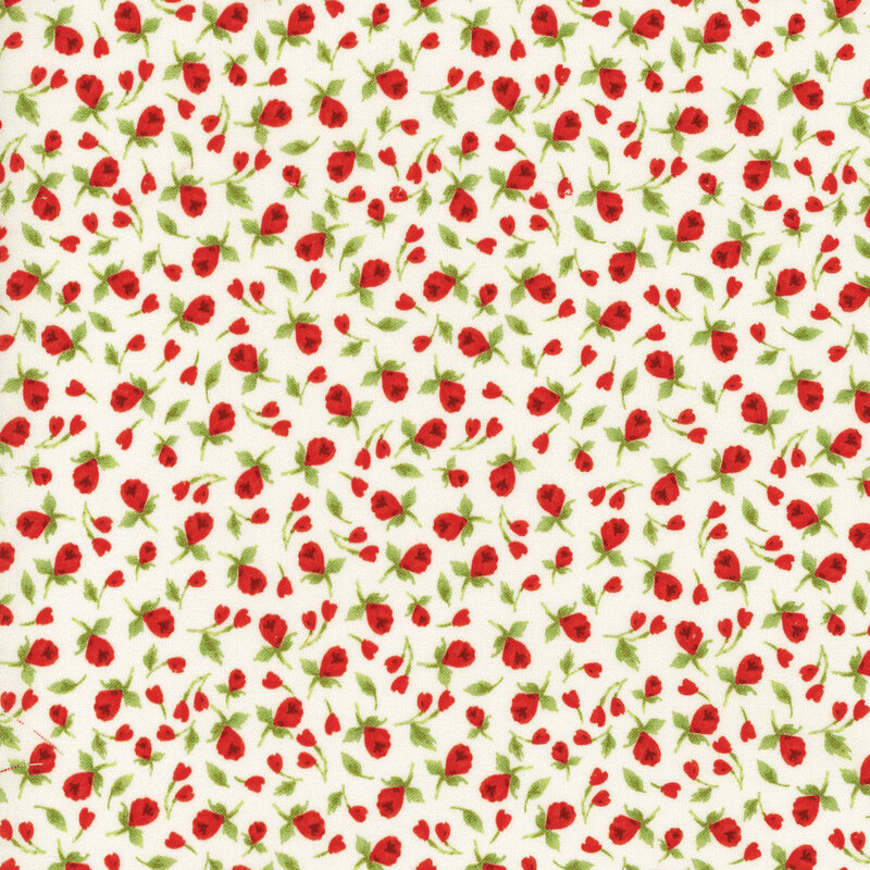 fabric with tiny digitally printed roses on a cream background