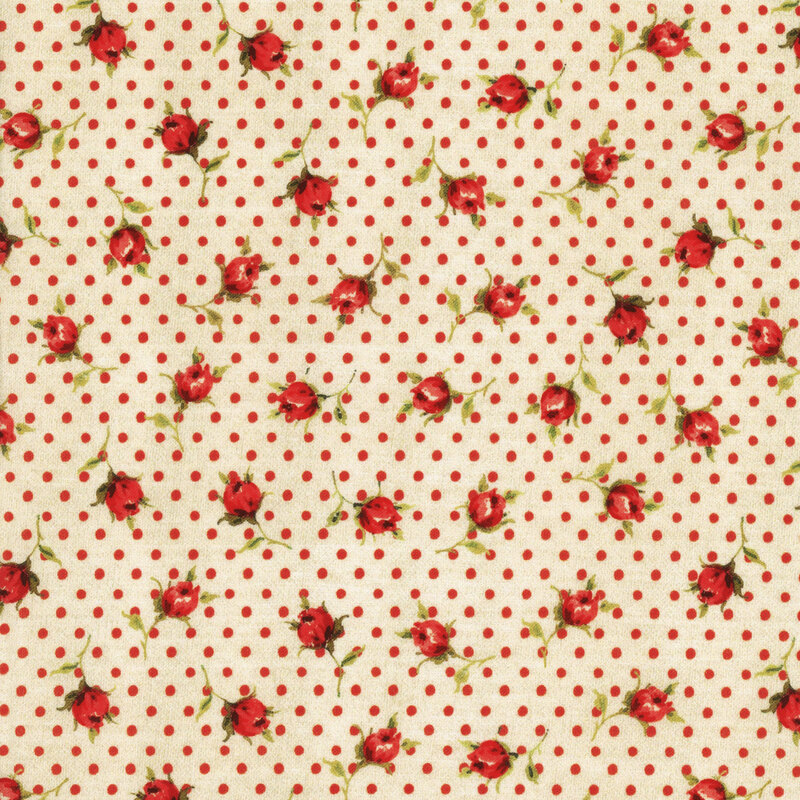 fabric with tiny digitally printed roses and red polka dots on a cream background