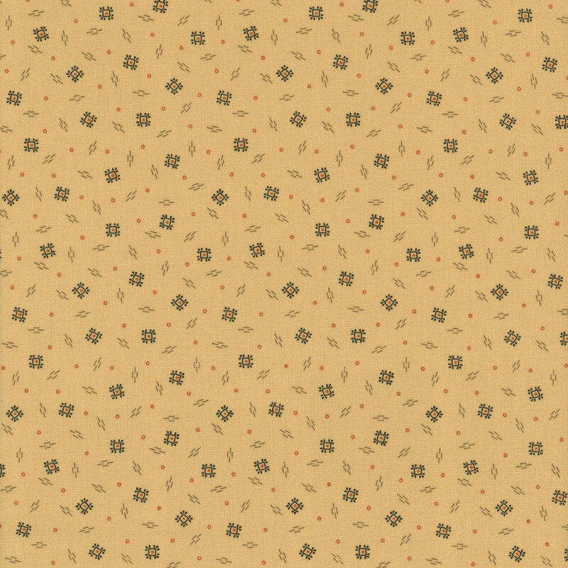 beige fabric with stylized squares, polka dots and unique square pattern on a beige background