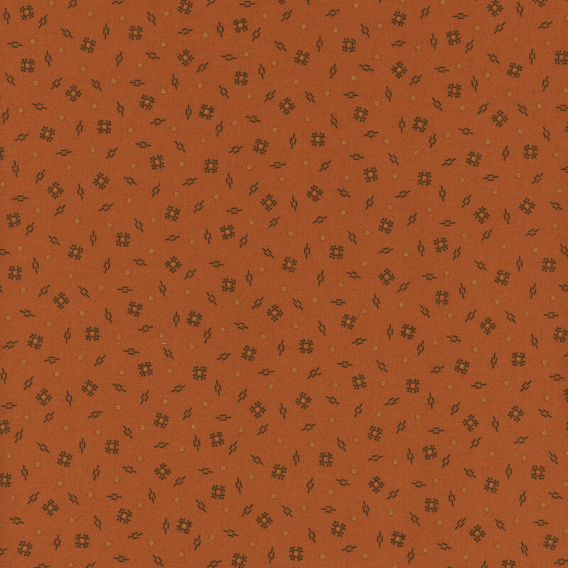 stylized squares, polka dots and unique square pattern on a rusty orange background