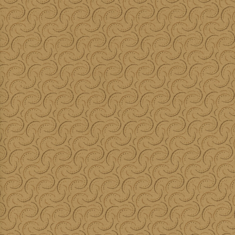 Tan fabric with brown diagonal lines of curving dots twisting around each other 