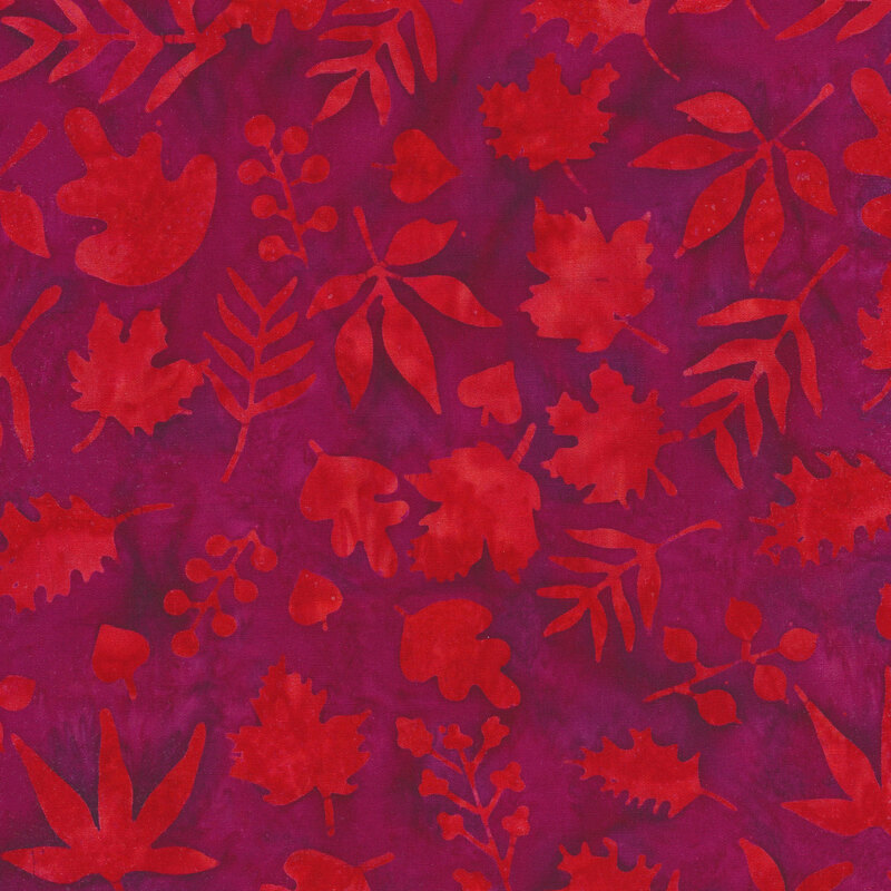 Bright pink and purple mottled fabric with tossed leaves all over in a mottled hot pink watercolor look