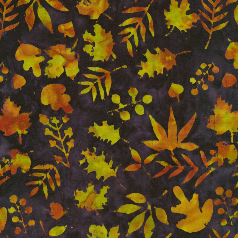dark purple mottled fabric with tossed leaves all over in a mottled yellow and orange watercolor look