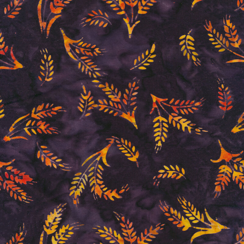 Mottled dark purple fabric with tossed wheat ears spaced evenly apart with an orange and red mottled watercolor look