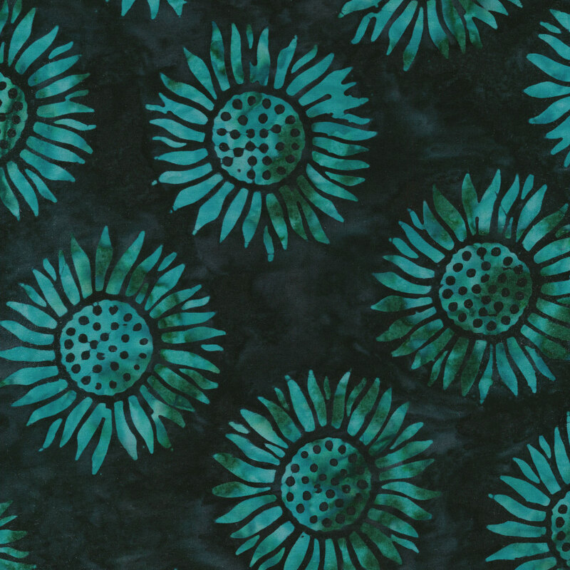 dark teal mottled fabric with round tonal sunflowers spaced evenly apart with a teal and green mottled watercolor look